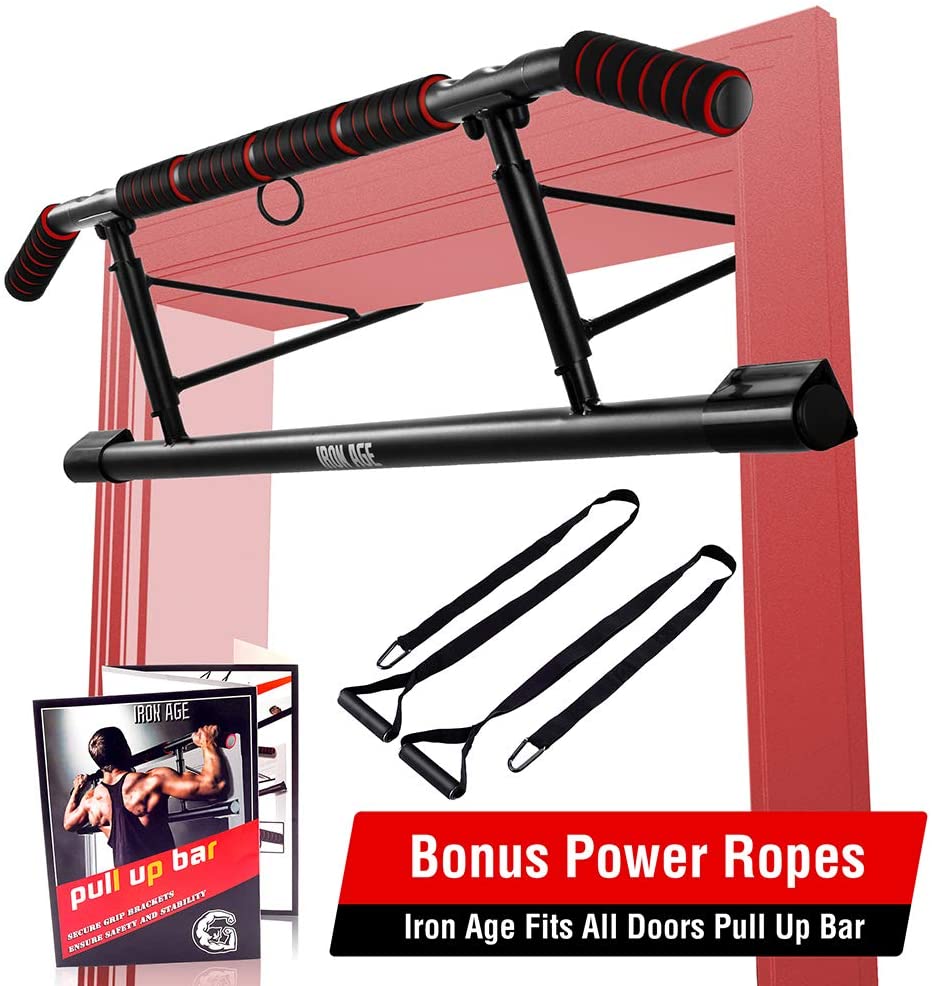 IRON AGE Pull Up Bar for Doorway - Angled Grip Home Gym Exercise Equipment - Pullupbar with Shortened Upper Bar and Bonus Suspension Straps(Fits Almost All Doors)